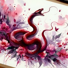 Obraz premium Crimson Serpent Amongst Floral Hues