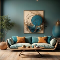 Mordern living room, interior design, natural wooden interior design with wood, sofa, pillows and plants.