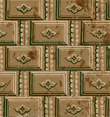 Vintage wallpaper with a pattern of floral motifs in green and white on a brown background.