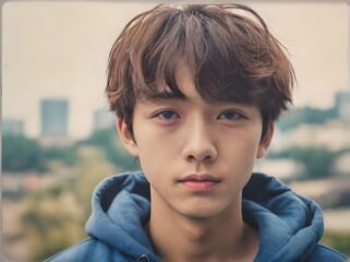 Portrait of a Cute Handsome Asian Man with Brown Hair and Blue Hoodie Looking at Camera Portrait with Bokeh Aerial View City Background