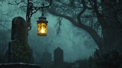 An Eerie Nighttime Cemetery Scene
