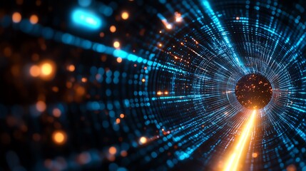 Abstract glowing data tunnel with bright light streaks, showcasing advanced technology.