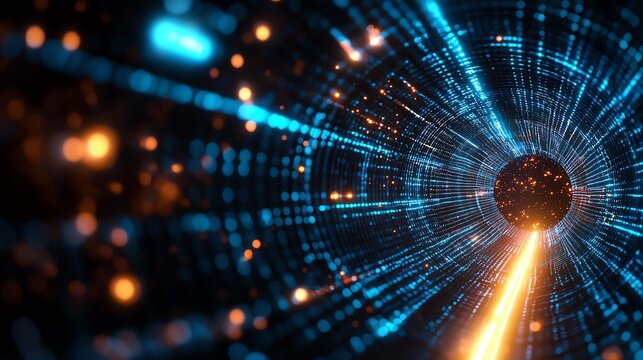 Fototapeta Abstract glowing data tunnel with bright light streaks, showcasing advanced technology.