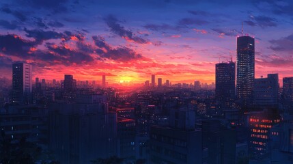 Obraz premium Cityscape with a fiery orange sunset over the buildings.