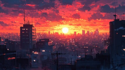 Naklejka premium Cityscape with sun setting over the horizon and red sky.