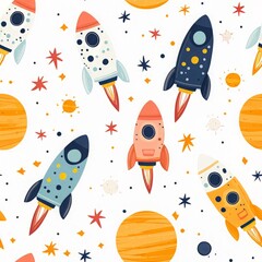 Seamless pattern Colorful rocket ships soar through a whimsical universe filled with stars and planets, ideal for children's designs.