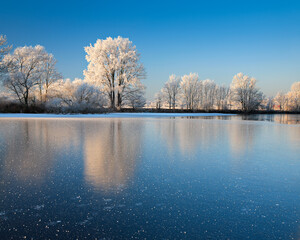 Frozen lake and snow covered trees in Winter, ice crystals in the foreground