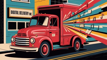 Red delivery truck with colorful social media icons and music notes streaming out, representing the fast delivery of digital content. Great for illustrating digital marketing, online content distribut