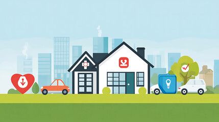 Fototapeta premium Two houses with a car on each side of them in a city setting with insurance icons scattered throughout.