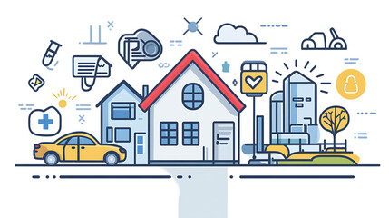Fototapeta premium A colorful line illustration of a neighborhood with houses, a car, trees, and a city skyline.