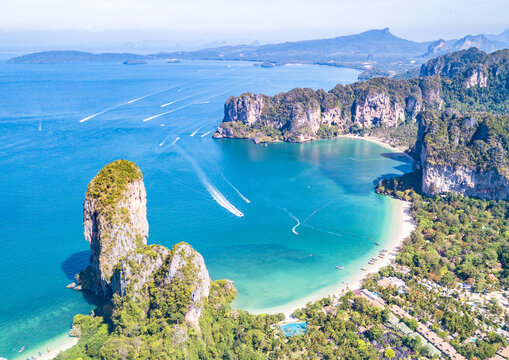 Railay Beach view with seaside mountains and beautiful nature of Krabi province, Thailand, Asia