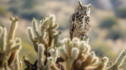 Obraz premium Desert Owl Perched On Cactus Blending With Dry Terrain Nature Scene