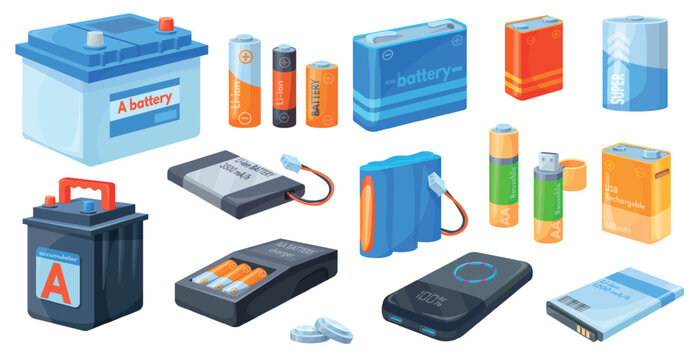 Battery accumulators type. Nickel or lithium cylinder batteries, recycle accumulator different types alkaline aa cell button electric charger power banks neat vector illustration
