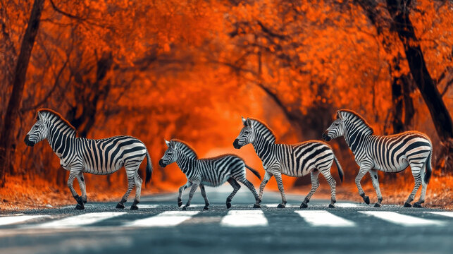 A zebra family crossing a road in a forest