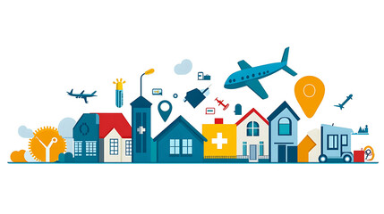 Obraz premium Flat design illustration of a town with buildings, airplanes, cars, and other symbols.