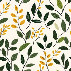 A vibrant Seamless pattern of green and yellow leaves on a light background, perfect for nature-themed designs and botanical illustrations.