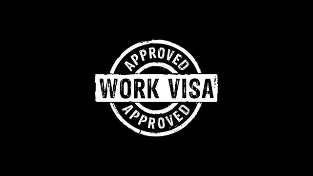 Work Visa approved stamp and hand stamping impact isolated animation. Foreigner employment permission 3D concept. Alpha matte channel.