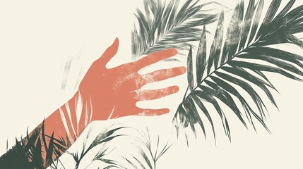Fototapeta premium Hand reaching for palm leaves, art illustration