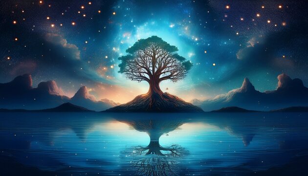 tree of life reflected in ocean under night sky, Chiaroscuro, epic wide angle, dystopian, matte Neo-romantic, metaphysical 
concept art