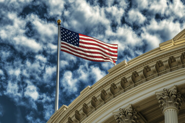 Fototapeta premium American flag waving on a flagpole atop a historic government building with a dramatic cloudy sky. Patriotic symbol and national pride. Design for Independence Day, Memorial Day, or political events