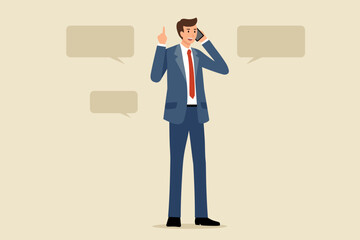 立ってスマートフォンで通話するスーツ姿の男性のフラットなベクターイラスト画像