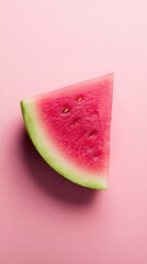 A bright pink background shows a fresh watermelon slice, highlighting its juicy red flesh and green rind, offering a refreshing summer fruit vibe.
