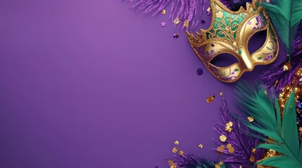 Gold masquerade mask and purple feathers on a purple background.