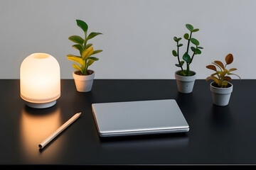  Minimalist image of a black desk with laptop , tiny plant in glass tube , air purifier , toy lamp and white background