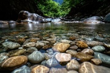 A peaceful river scene with clear water over smooth stones, surrounded by lush greenery and rocks, reflecting the serene beauty of nature.