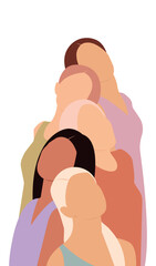 Several women different nationalities, cultures, skin, hair color stand together. Beautiful, brave girls support each other feminist movement. The concept of sisterhood and female friendship. Vector.