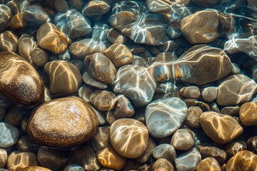 A clear view of smooth stones beneath water, featuring reflections and ripples that create a serene, natural ambiance.