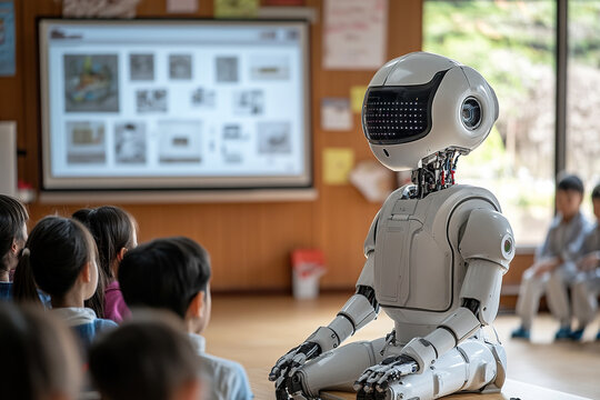 A robot teacher teaches a lesson to primary school children in a modern classroom. Generated by artificial intelligence