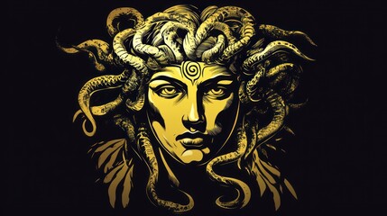 Fototapeta premium A detailed illustration of Medusa, a mythical Gorgon with snakes for hair, portrayed in a golden color against a black background.