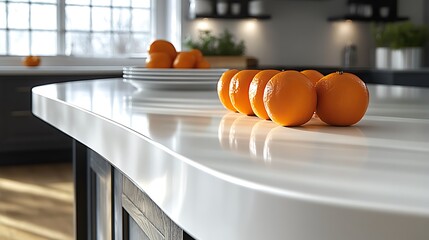 A kitchen workspace with a matte white laminate countertop, the curved edge adding a touch of elegance to the minimalist design