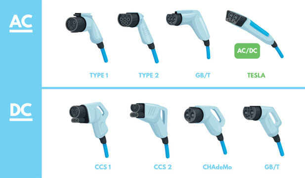 Ev charger connector. Electric car vehicle chargers type, plug port socket ccs1 ac ccs2 ccs dc j1772 standard connectors home charging or charge station, neat vector illustration