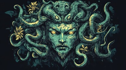 A detailed illustration of Medusa, the Greek mythological monster with snakes for hair, in a dark and mysterious style.