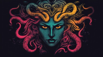 Close-up of a woman's face with horns and long hair, stylized in a graphic and colorful manner.