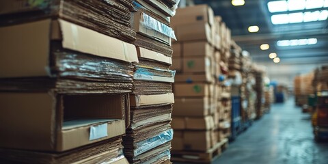 Obraz premium A detailed view of stacked cardboard boxes in a spacious warehouse, showcasing organized storage and logistics.