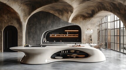 A refined kitchen setup showcasing a curved matte white laminate countertop, the smooth edges complementing the minimalist design