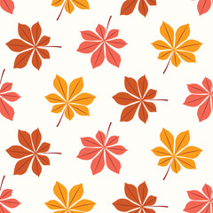 Obraz premium Seamless pattern of falling Autumn chestnut leaves on isolated background. Hand drawn design for Autumn harvest holiday, Thanksgiving, Halloween, seasonal, textile, scrapbooking, paper crafts.
