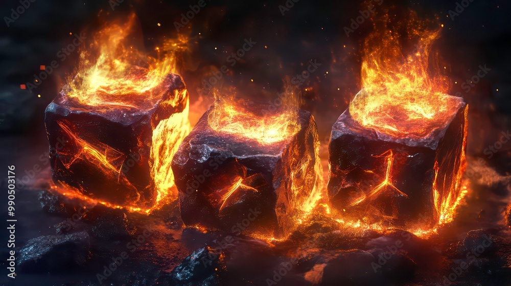 Aufkleber three glowing stone cubes with mystical symbols are set ablaze, casting an ethereal glow.