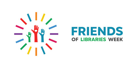 National Friends of Libraries Week. Books, hand and heart. Great for cards, banners, posters, social media and more. White background.