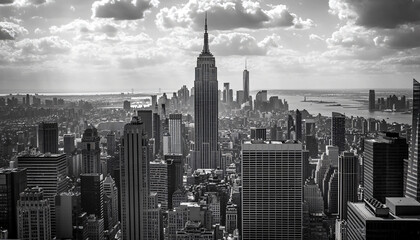 A black-and-white photo of a famous city skyline or iconic landmark, evoking a timeless, classic look