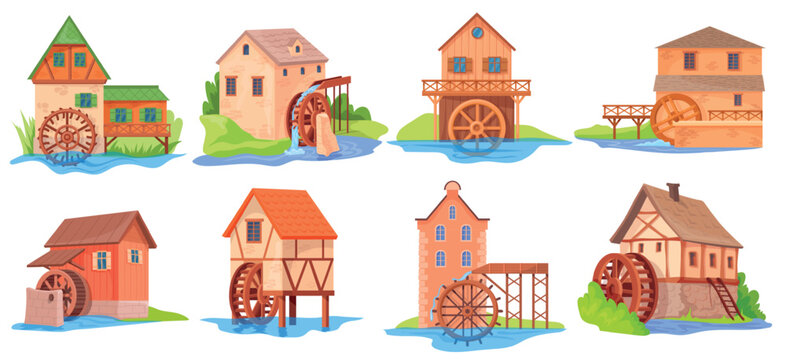 Cartoon water mills. Watermill old wooden mill houses with wheel, river brook energy for milled ears flour, farming waterwheel history agriculture, set neat vector illustration