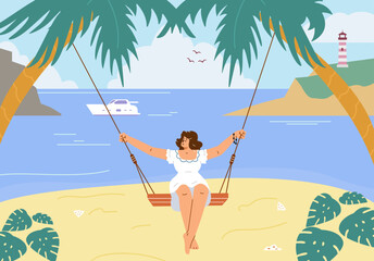 The vector illustration shows a woman on a swing at a seaside resort