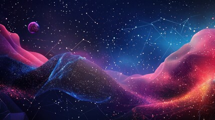 Abstract digital landscape with glowing lines and stars in the night sky.