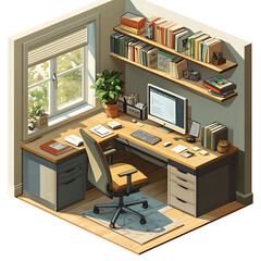 Isometric Home Office with a Large Desk and Wall-Mounted Shelves