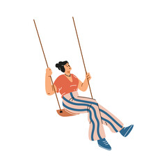 Vector illustration of a happy woman swinging on a swing, wearing a T-shirt and striped pants.