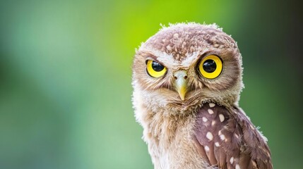 Obraz premium An owl, with striking yellow eyes and a blend of soft brown and white feathers, calmly observes its surroundings in a vibrant green forest, capturing the tranquility of nature