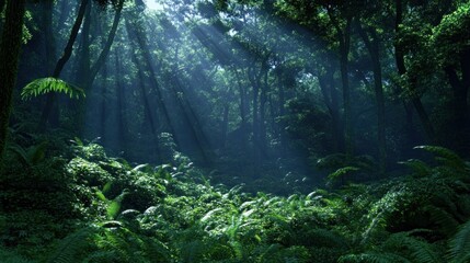 Sunlight streams through tall trees in a dense forest, illuminating the rich greenery and creating a serene atmosphere filled with ferns and tranquility